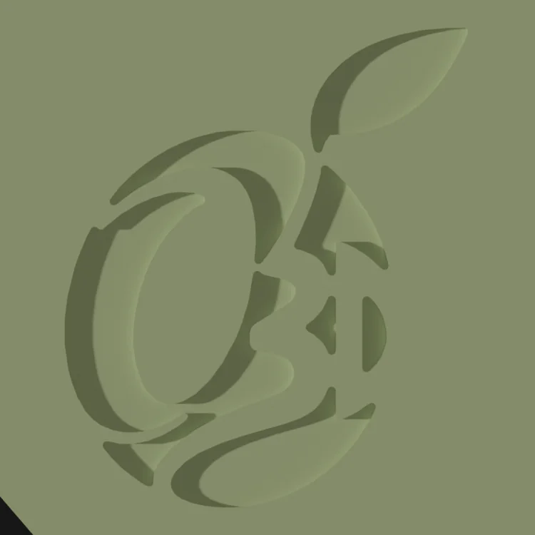 Detalle del logo Olive3D grabado en la cara inferior de una bandeja. Render CAD.