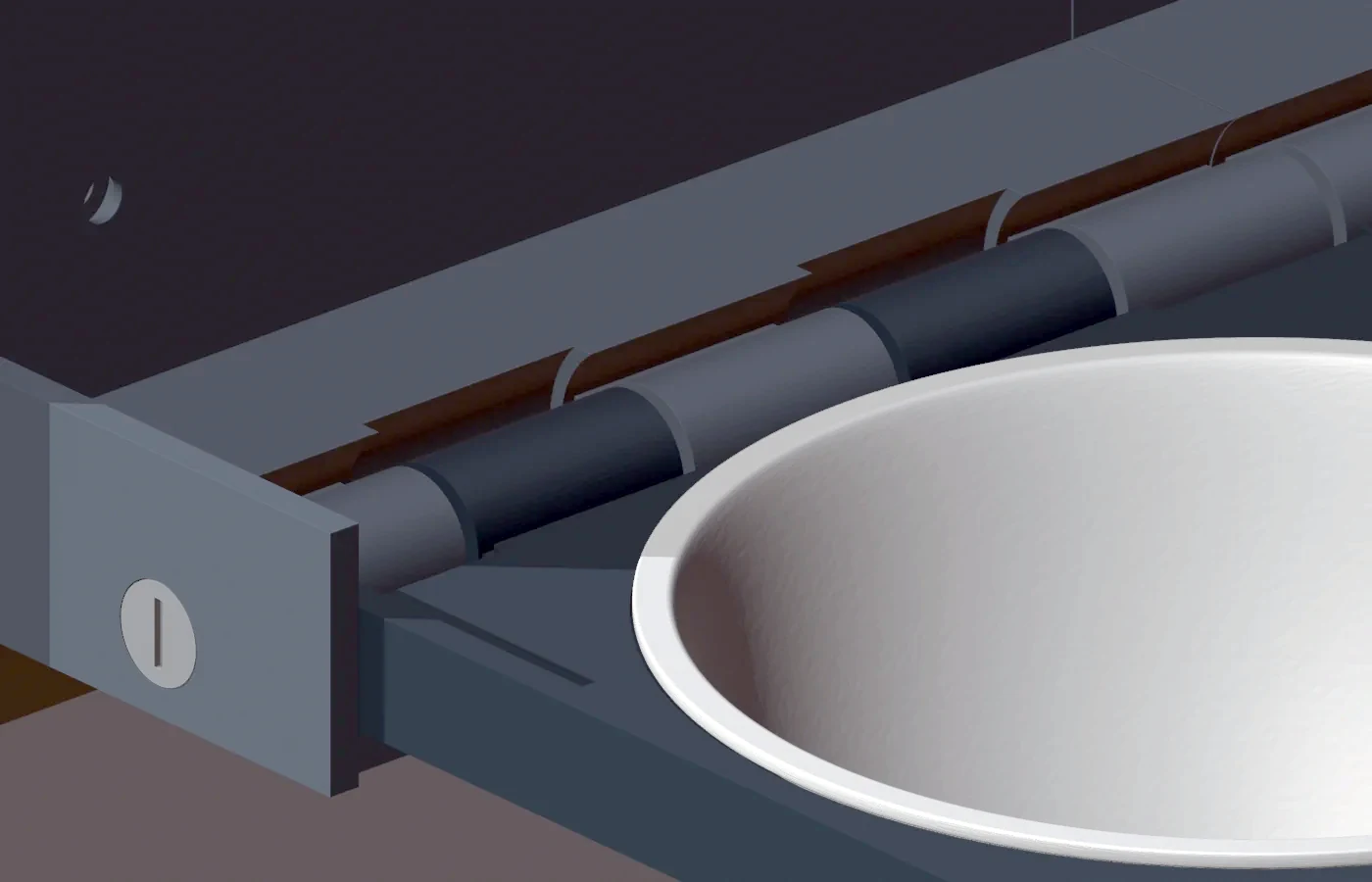 Detalle CAD de la bisagra continua y el tapón lateral del comedero R4