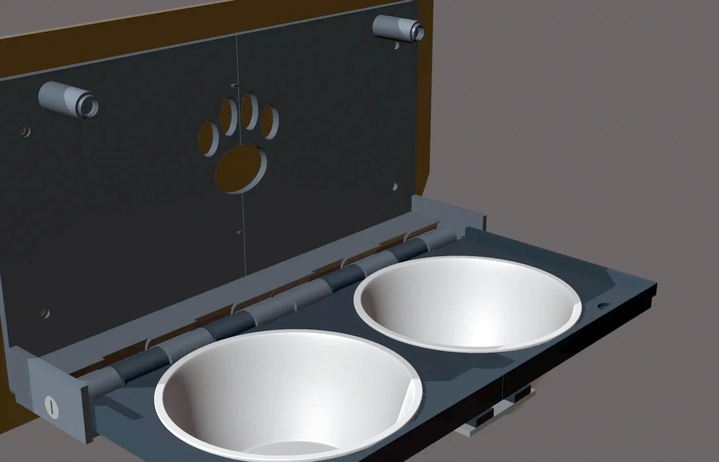 Render CAD del comedero R4 en posición abierta a 90 grados