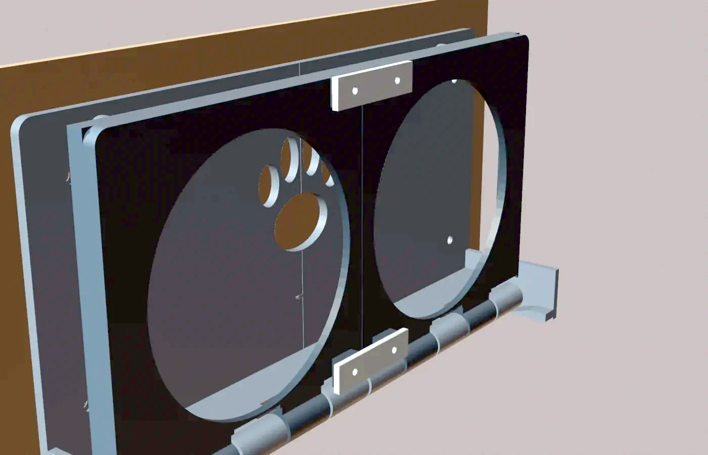Render CAD del comedero R4 plegado contra la pared
