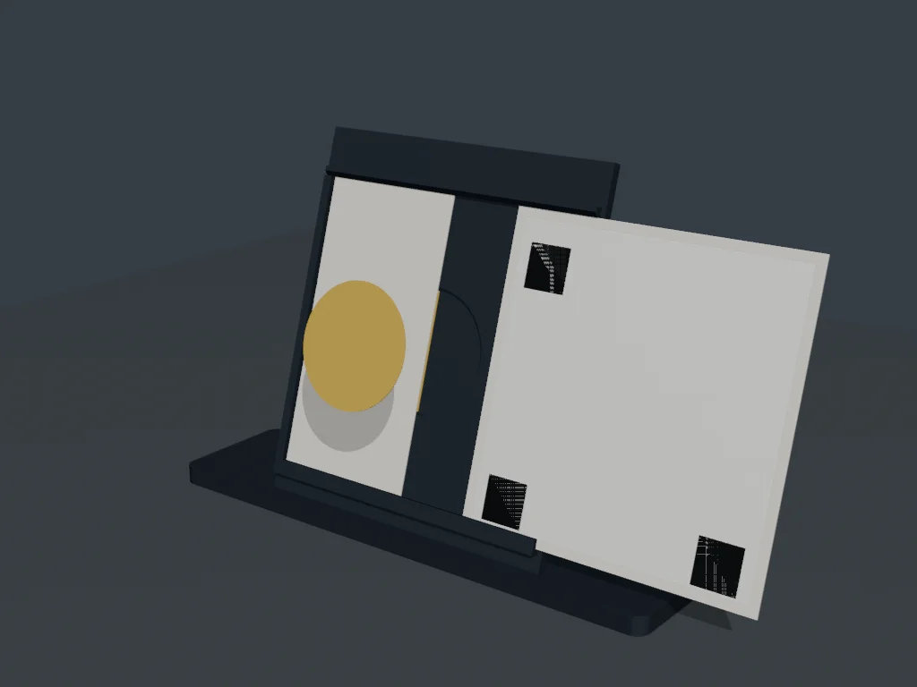 Render del expositor con la tarjeta desplazada y la etiqueta NFC de referencia separada del cuerpo