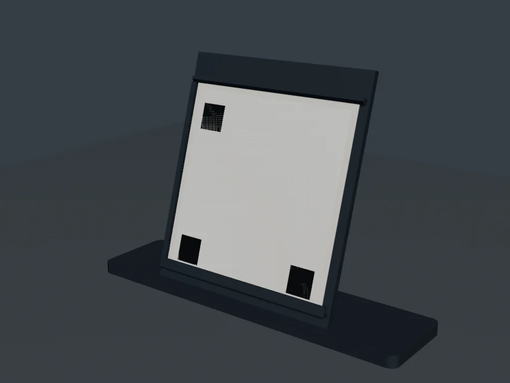 Render en perspectiva del expositor negro con tarjeta reemplazable y marcas abstractas de referencia