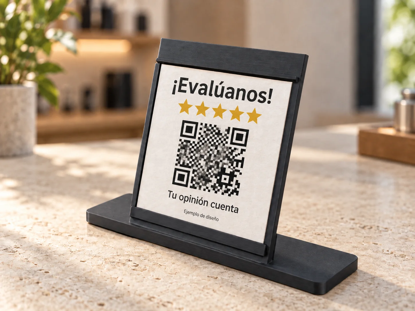 Visualización GPT Image 2 del expositor con tarjeta ¡Evalúanos!, cinco estrellas y QR de ejemplo