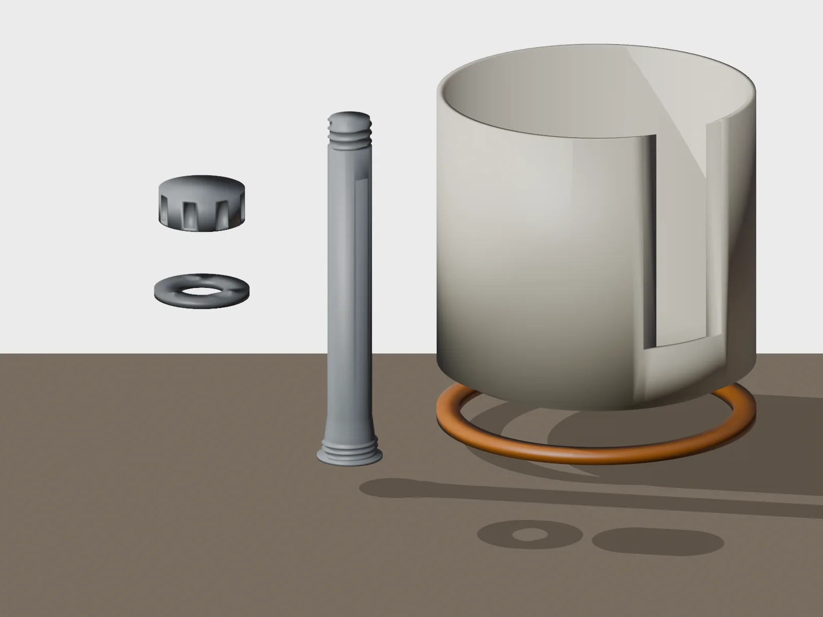Despiece CAD del portarrollos v0.5 con carcasa, base, columna, arandela y pomo separados