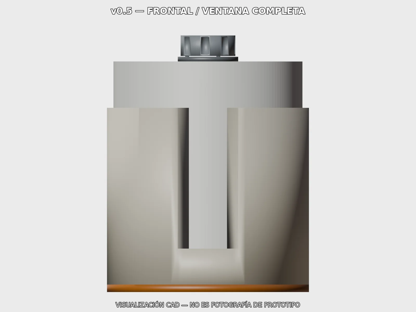 Vista frontal CAD del portarrollos v0.5 con ventana completa y aviso de que no es una fotografía