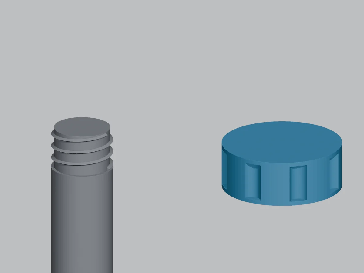 Render CAD del pomo revisado v0.8 junto a la columna roscada del diseño v0.5