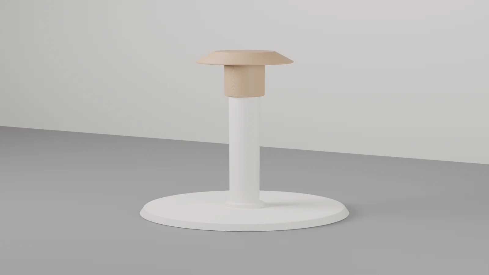 Render CAD del Portarrollos esbelto v1.0 sin rollo, con la base y varilla blancas y el pomo-freno separado