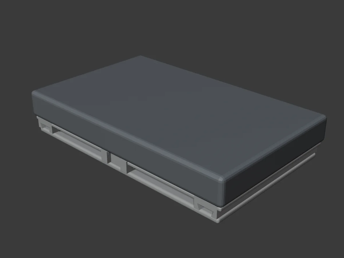 Render CAD del soporte mural v04 con un volumen neutro que representa el panel de siete pulgadas